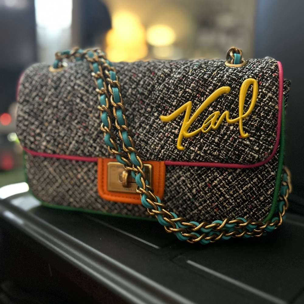 $248 Karl Lagerfeld Agyness Tweed Shoulder Bag Acrylic ColorfulLogo Paris